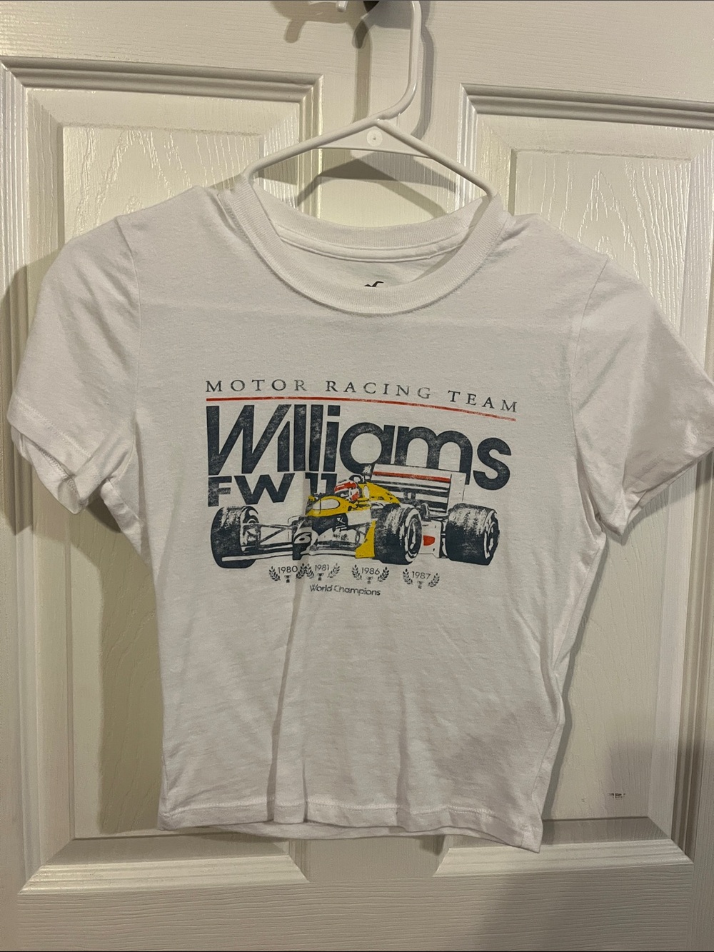Hollister White Tee with Navy & Blue Racing Logo